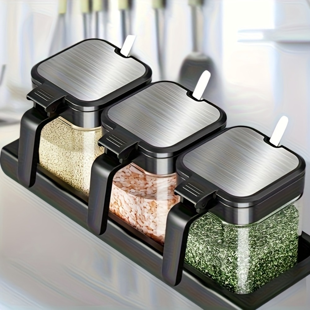 Korean Kitchen Gadgets - 3pcs Glass Spice Jars with Spoon